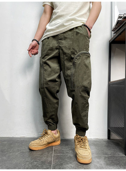 Men's Elastic Waist Zipper Big Pockets Drawstring Sports Cargo Pants