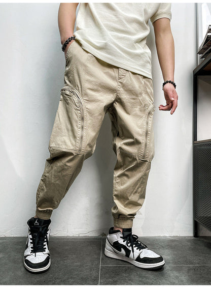 Men's Elastic Waist Zipper Big Pockets Drawstring Sports Cargo Pants