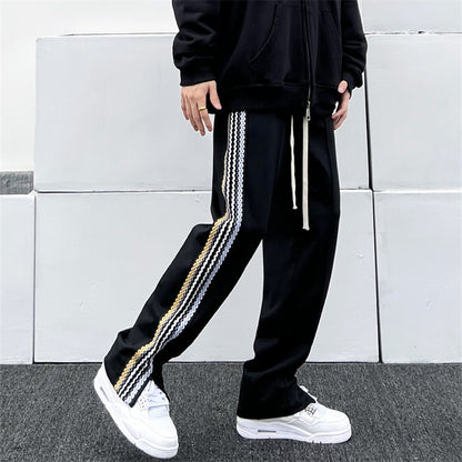 Men's Side Striped Zipper Drawstring Fall Casual Pants