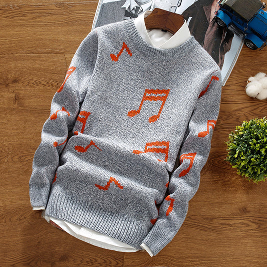 Musical Note Printing Men's Korean Slim Base Shirt Crew Neck Sweater