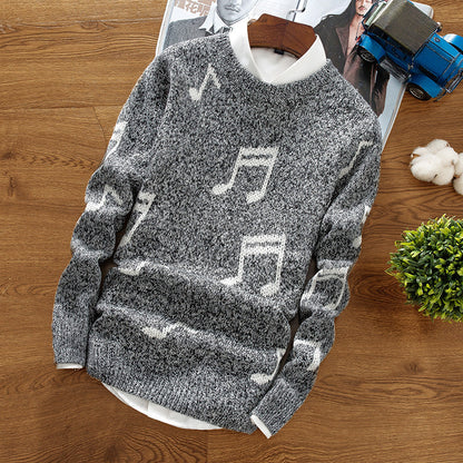 Musical Note Printing Men's Korean Slim Base Shirt Crew Neck Sweater