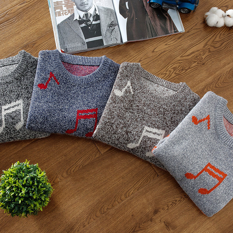 Musical Note Printing Men's Korean Slim Base Shirt Crew Neck Sweater