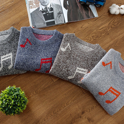 Musical Note Printing Men's Korean Slim Base Shirt Crew Neck Sweater