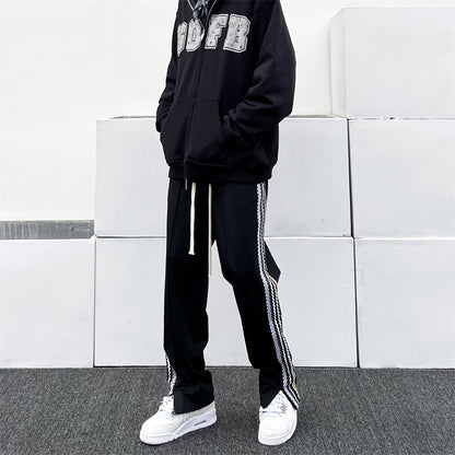 Men's Side Striped Zipper Drawstring Fall Casual Pants