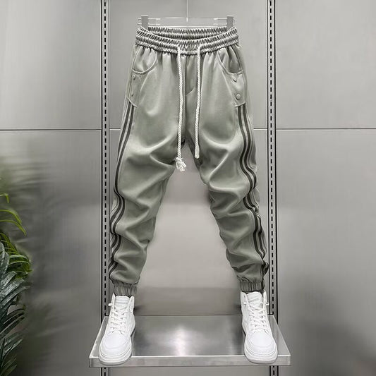 Mens Spring Summer Patchwork Vertical-Stripe Casual Elastic-Waist Fashion Ankle-Fit Pants