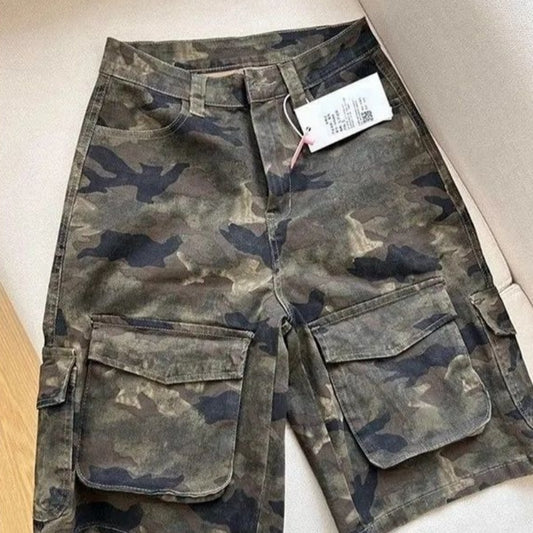 Womens Summer American-Style High-Street Vintage Camo Denim Shorts