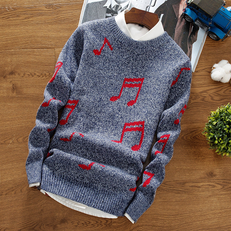 Musical Note Printing Men's Korean Slim Base Shirt Crew Neck Sweater