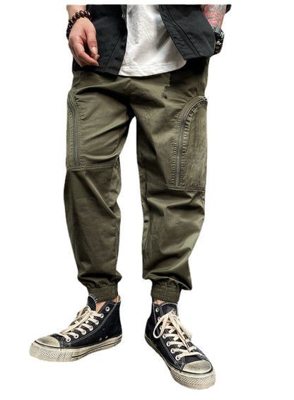 Men's Elastic Waist Zipper Big Pockets Drawstring Sports Cargo Pants