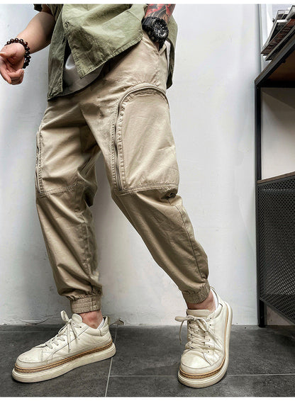 Men's Elastic Waist Zipper Big Pockets Drawstring Sports Cargo Pants